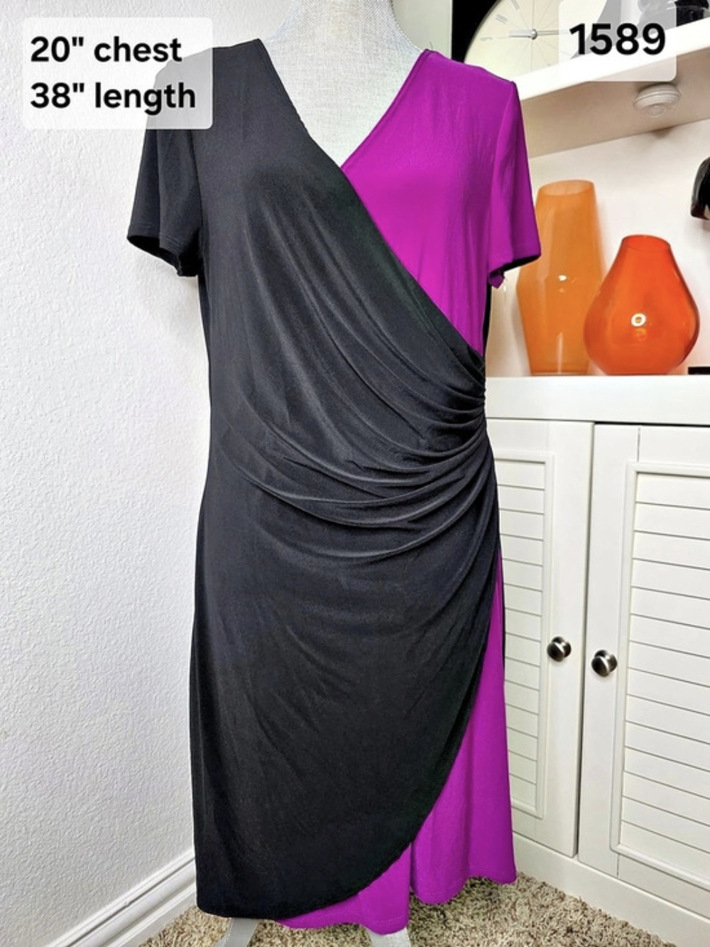 Vintage M.S.K Black & Purple Colorblock Draped Midi Dress Size Large Made USA
